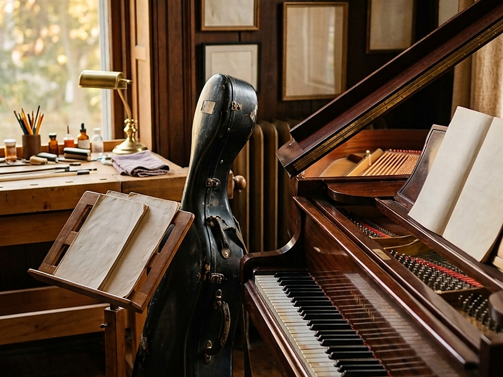 Illustrated — a black case standing beside a grand piano, a stand holding blank paper, a workbench under the window.