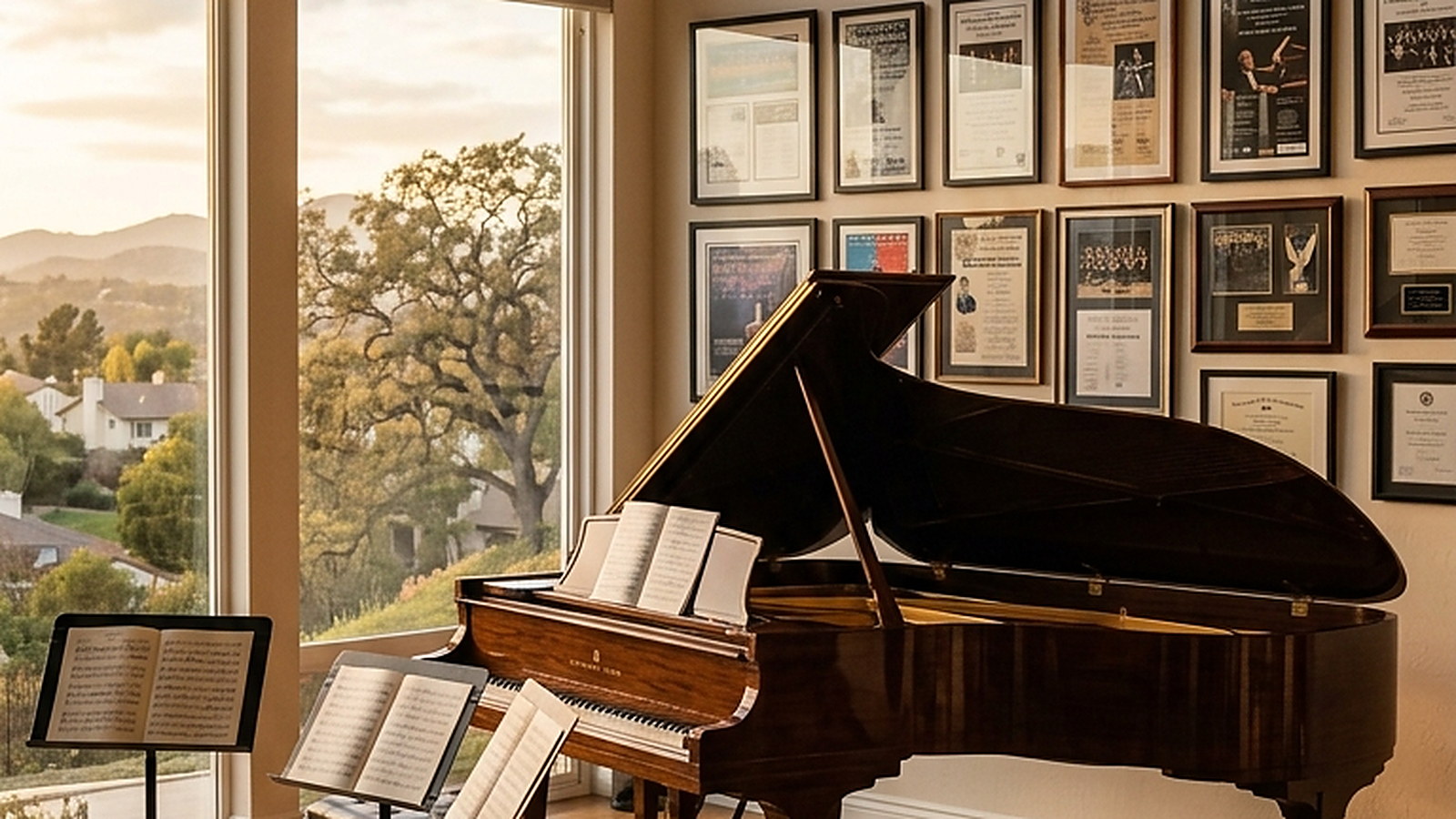 Illustrated — a grand piano at a corner window at sunset, an oak and low hills outside, three stands set in front of it.