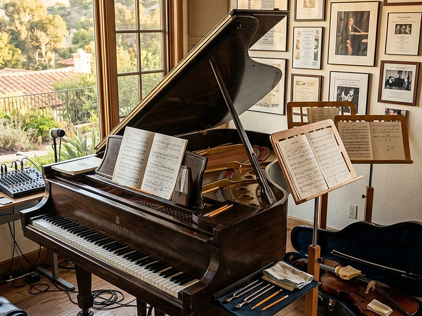 Illustrated — a grand piano with its lid up, an open score and a metronome on the music desk, two wooden stands beside it.
