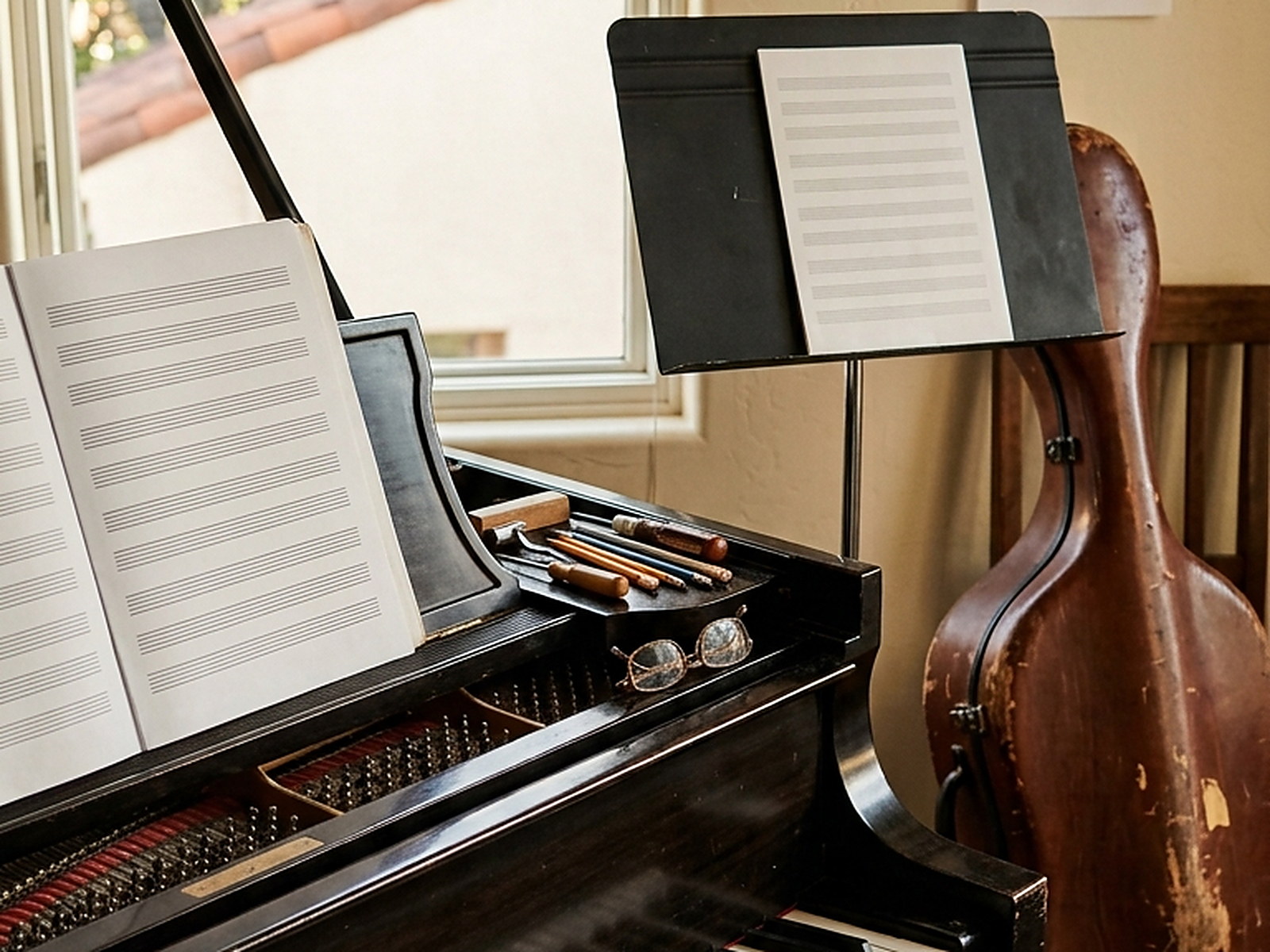 Illustrated — blank staff paper on the music desk of a grand piano, tuning tools in the tray, a case leaning by the wall.