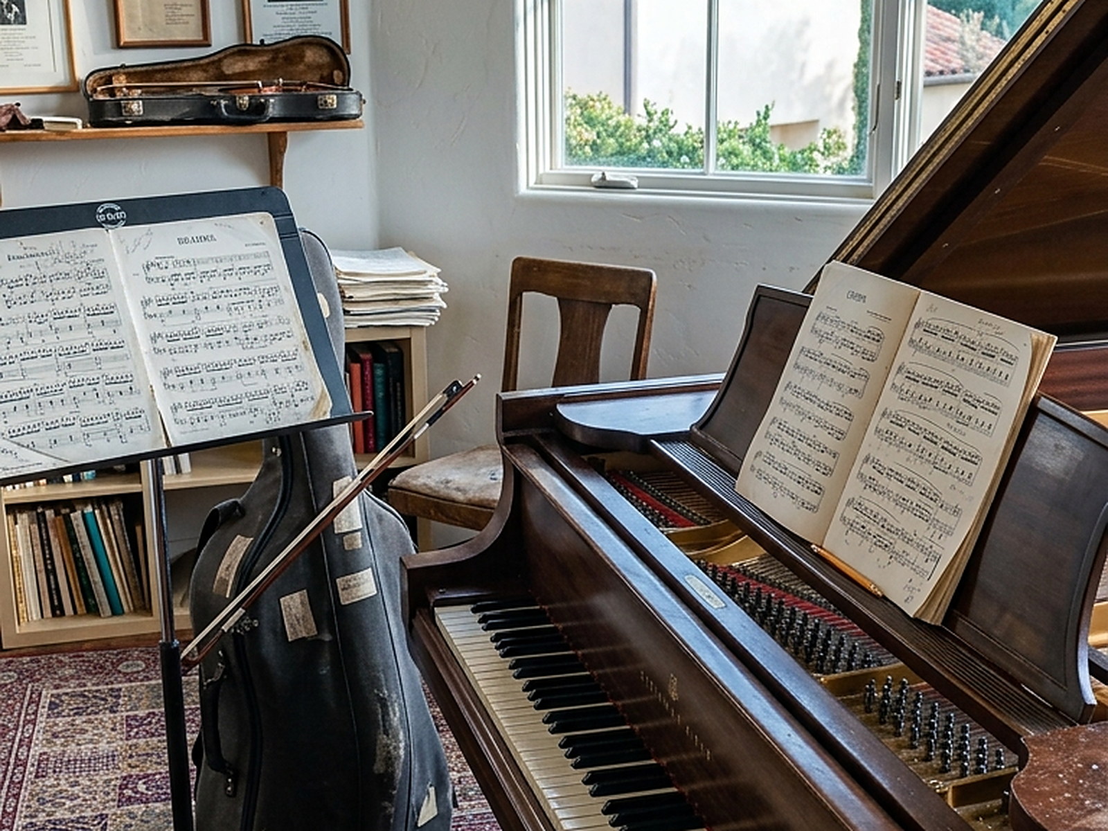 Illustrated — an open score and a bow on a stand, a soft case leaning beside it, a low shelf of music against the wall.
