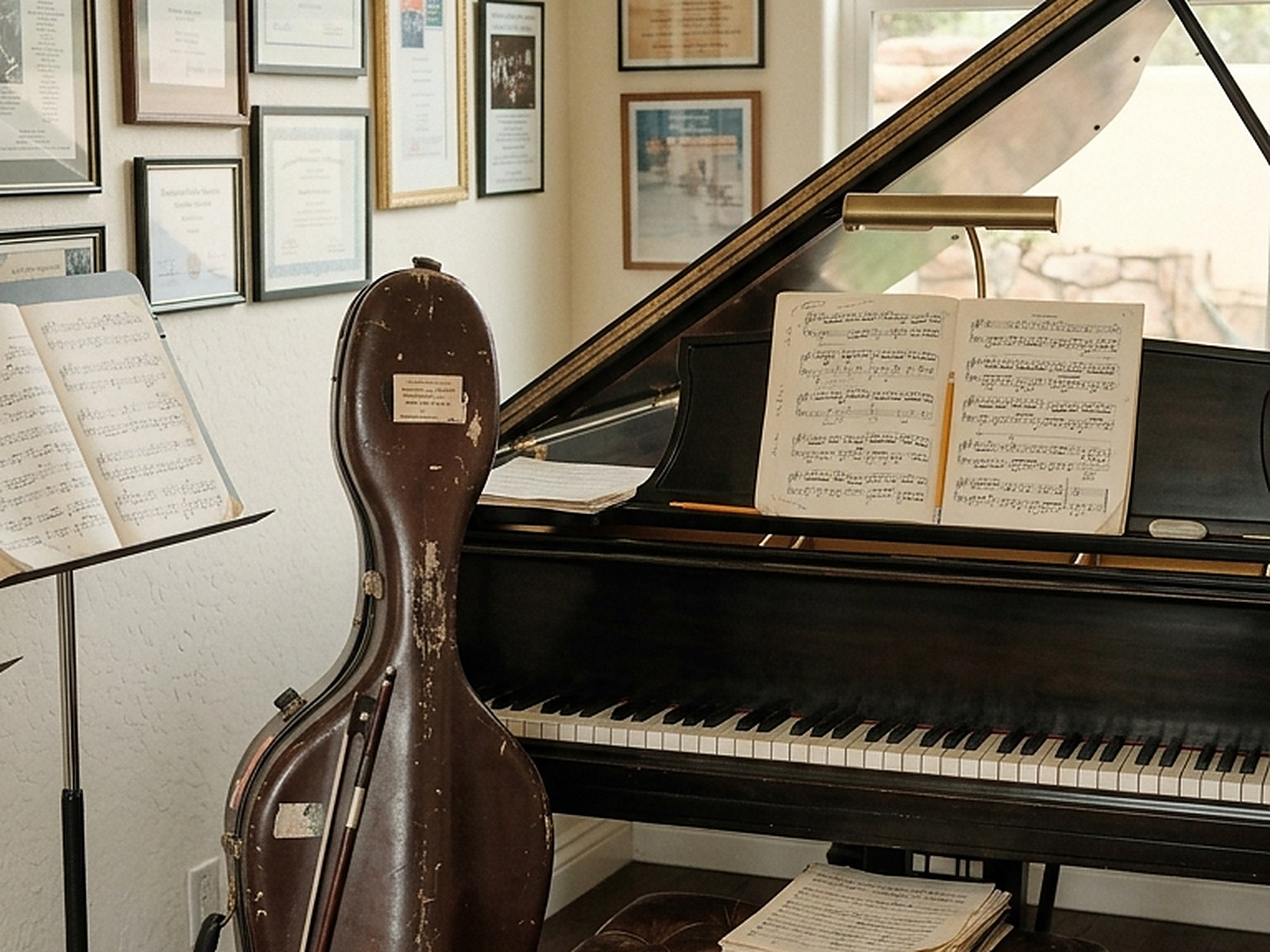 Illustrated — a grand piano under a brass lamp with an open score, a worn case and a bow standing beside it.